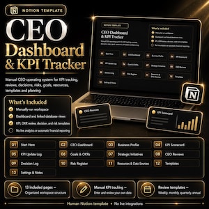Könnte beinhalten: Eine digitale Notion-Vorlage für ein CEO-Dashboard und KPI-Tracker auf einem Laptop-Bildschirm. Die Benutzeroberfläche zeigt goldfarbenen Text und Rahmen, einschließlich Abschnitten für Geschäftsprofile, KPI-Scorecards und Risikoregister.