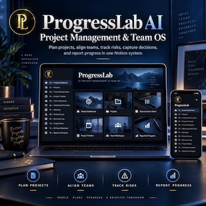 May include: A laptop and smartphone displaying the ProgressLab AI project management interface. The screen shows a dashboard with project, task, and team workspace icons. Text includes ProgressLab AI Project Management & Team OS.
