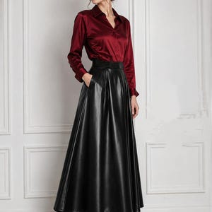 Women's Black Faux Leather A-Line Midi Skirt