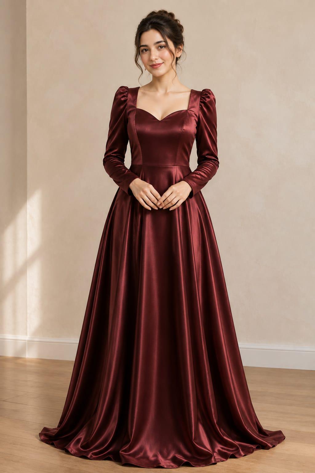 burgundy satin dress with sleeves Floor Length long sleeve burgundy dress Pascale - OFF WHITE E width ready to strut and Size:US 15