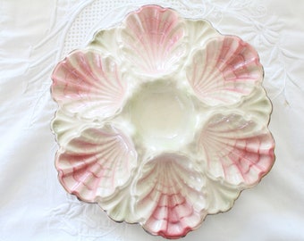 ANTIQUE OYSTER PLATE, Luster Shades of Pink and Cream, Collectible, Gifts for Her, Hostess or Housewarming Gift Inspiration