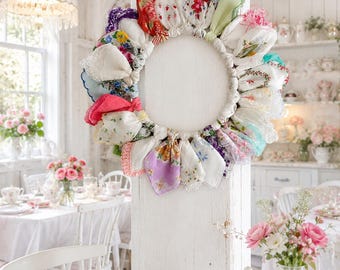 Corona de pañuelos, corona de pañuelos vintage / decoración de pared rústica hecha a mano / decoración floral shabby chic