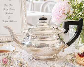 Tetera inglesa con base, estilo vintage, fabricada en plata Alpha Plate – Sheffield, Inglaterra.