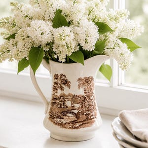 May include: A cream-colored ceramic pitcher featuring a brown transferware landscape scene with a bridge and trees. The pitcher is filled with a large bouquet of white lilac flowers with green leaves, displaying a classic handle and spout.
