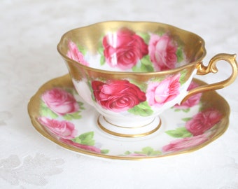 TEACUP & SAUCER, Footed, Wide Mouth Tea Cup, English Bone China by Royal Albert, Old English Rose Pattern, Replacement China