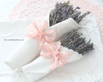 DRIED LAVENDER Bundles, Set of 2, with Vintage Linen and Hand-Made Bows, Bridal or Bachelorette Favors, Gifts for Her, Farmhouse Décor