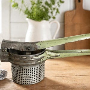 POTATO RICER with Green Handles, Metal, Rustic Farmhouse Kitchen Tool, Hostess Gift Inspiration - ca. 1940s