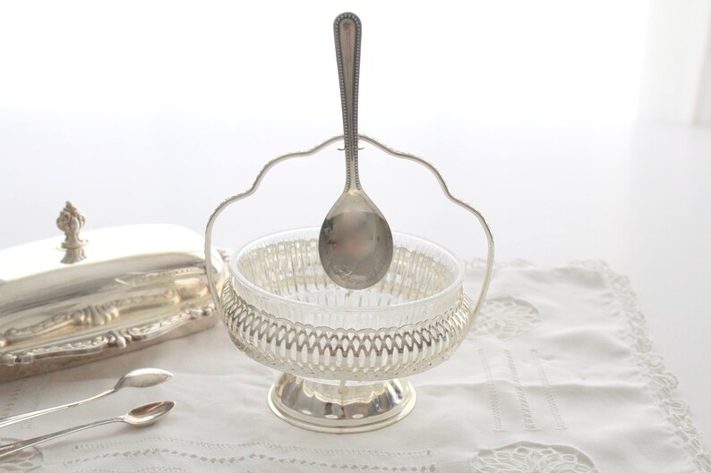 Vintage English 3 Piece Footed CONDIMENT BOWL Serving Table Clear Glass Condiment Bowl with Serving Spoon Tea Party