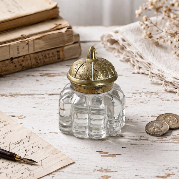 ANTIQUE INKWELL, Glass Inkwell with Ornate Brass Lid | Antique Desk Decor, Gifts for Him - ca. 1890 - 1920