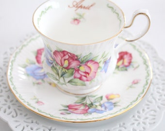 APRIL TEACUP & SAUCER, Vintage English Fine Bone China, Cup and Saucer by Queens, April Sweet Pea Pattern, April Birthday Gift Inspiration