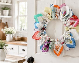 HANDKERCHIEF WREATH, Handmade by Maria, Cottage Farmhouse Door Decor – Unique Colorful Floral Hankie Wreath