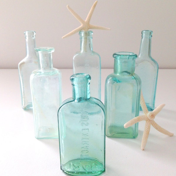 Beach Decor Antique Hand Blown Apothecary Aqua Bottles Set of 6 Message in a Bottle Staging Photo Shoot