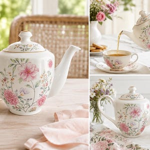 May include: A white porcelain teapot and matching teacup with a delicate floral pattern featuring pink and red flowers with green leaves. The teapot has a lid with a gold-trimmed handle and spout, while the teacup sits on a matching saucer.