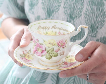 HAPPY ANNIVERSARY Teacup and Saucer, Gifts for Her, English Bone China by Royal Albert, Flower of the Month Series, Tea Cup