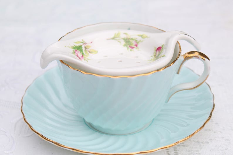 Rosebuds Pattern VintageBone China Tea Strainer High Tea Party TEA BAG STRAINER Tea for One