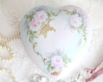 LARGE HEART TRINKET, Hand-Painted, Artist Signed, Vanity Trinket, Ceramic Heart Shaped Trinket with Lid, Limoges Inspired, Gifts for Her