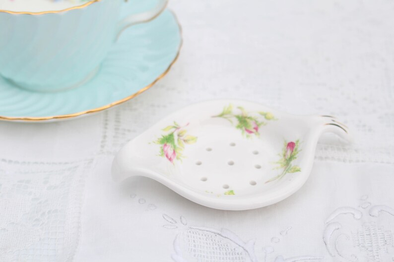 Rosebuds Pattern VintageBone China Tea Strainer High Tea Party TEA BAG STRAINER Tea for One
