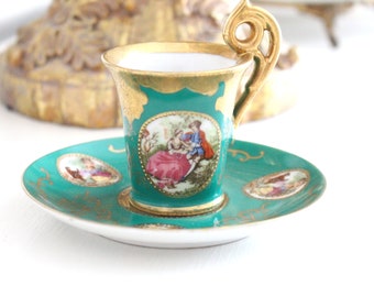 DEMITASSE CUP & SAUCER, Porcelain by Arnart, Japan Fragonard Inspired, Courting Couple, Replacement China
