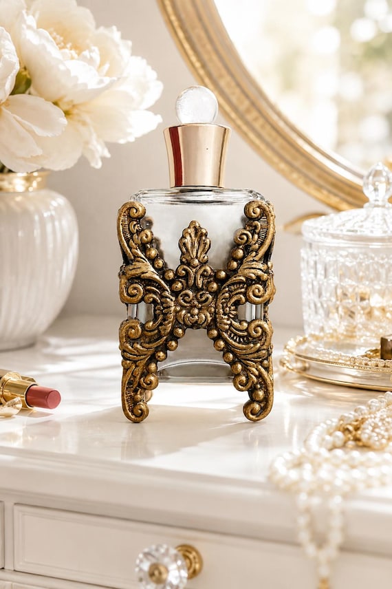 ORNATE PERFUME BOTTLE, Vintage-Inspired Ornate Glass Perfume Bottle with Gold Filigree Frame