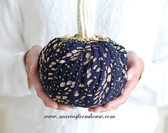 PUMPKIN, Linen, Hand-Decorated Gold Sparkling Fabric Pumpkin with Stem by Maria, Autumn Décor, Gifts for Him or Her, Housewarming Gift Idea