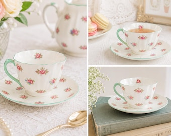 TEACUP & SAUCER, Shelley Bone China Teacup and Saucer, Pink Rose, English High Tea