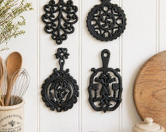 TRIVET SET of 4, Mini, Cast-Iron Vintage, Ornate Black Scroll Design, Farmhouse Accents