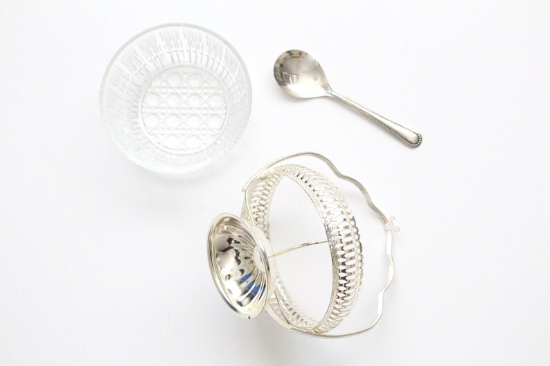 Vintage English 3 Piece Footed CONDIMENT BOWL Serving Table Clear Glass Condiment Bowl with Serving Spoon Tea Party