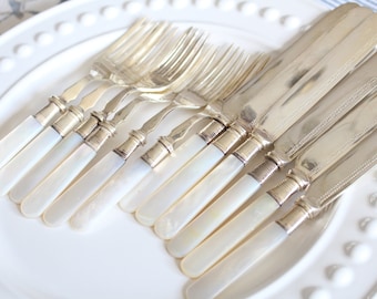 CASED MOTHER OF Pearl, 19th Century, Ornate Repousse Ferrule, Fish Cutlery, Fork and Knives, Service for 6, 12 Piece Set, Housewarming Gift