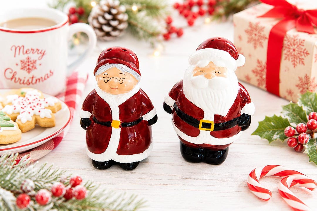 SHAKERS, Set of 2, Santa & Mrs. Claus Ceramic Salt and Pepper Shaker Set, Holiday Decor