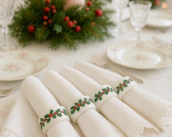 NAPKIN RINGS, Vintage Holly Ceramic Napkin Rings, Set of 4 - Christmas Table Decor