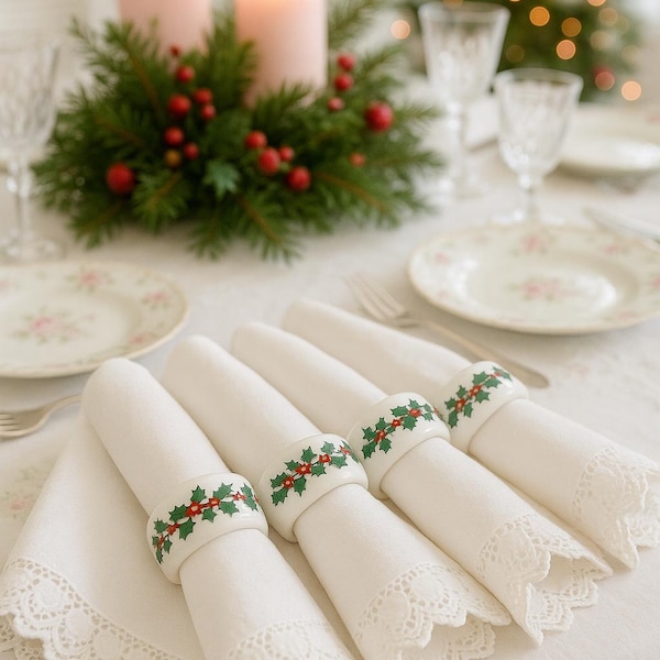 NAPKIN RINGS, Vintage Holly Ceramic Napkin Rings, Set of 4 - Christmas Table Decor