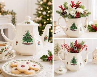 CHRISTMAS TEAPOT, Vintage Sadler Christmas Teapot: England Holiday Tree Ceramic