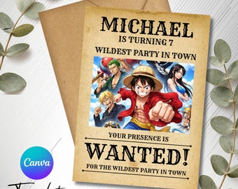 One Piece Wanted Poster Birthday Invitation | Anime Pirate Party Canva Template (Digital Download)