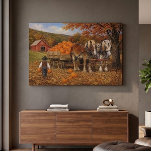 Autumn Pumpkin Harvest Canvas Print, Rustic Country Farm Wall Art, Draft Horses Red Barn Fall Decor, Cozy Thanksgiving Home Artwork