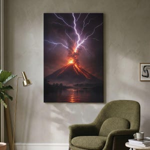 May include: A rectangular wall art print depicting a volcanic eruption at night. A dark mountain peak glows with orange lava, while bright white lightning bolts strike from the dark, stormy clouds above. The scene reflects in the water below.