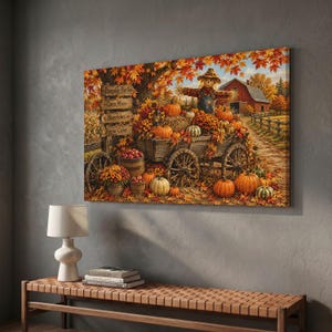 Puede incluir: Un lienzo rectangular que representa una escena de cosecha otoñal con un espantapájaros sentado en un carro de madera lleno de calabazas, calabacines y flores. Un poste señalizador indica Pumpkin Patch, Corn Maze y Hayrides junto a un granero.