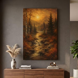 Op de afbeelding: Een rechthoekige wandkunstprint met een landschapsschilderij van een bosstroom bij zonsondergang. De scène toont gouden licht dat door de bomen filtert, met hoge dennen en berkenbomen rondom een rotsachtige beek die in een meer uitmondt.