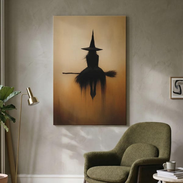 Witch On Broomstick Canvas Print, Gothic Wall Art, Dark Moody Decor, Minimalist Halloween Poster, Silhouette Wall Art, Witchcraft Print