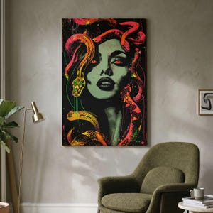 Medusa Wall Art, Trippy Snake Canvas Print, Neon Gothic Decor, Psychedelic Woman Portrait, Edgy Dark Art, Colorful Surreal Bedroom Decor