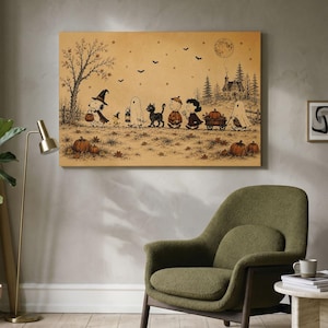 May include: A rectangular wall art print on a tan background featuring a line of Peanuts characters dressed in Halloween costumes, including Snoopy as a witch, a ghost, a black cat, and children with pumpkins, bats, and a full moon overhead.