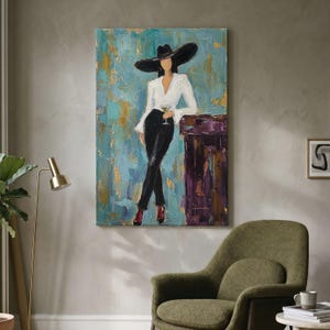 Lienzo impreso de mujer a la moda, arte abstracto de pared de mujer, decoración elegante para bar, decoración de pared moderna y glamurosa, arte femenino sofisticado, arte de pared en tonos azul verdoso y dorado.
