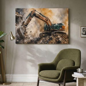 Op de afbeelding: Een rechthoekige wandkunstprint met een aquarelillustratie van een oranje en groene CAT-graafmachine die in een hoop aarde en stenen graaft. Het kunstwerk toont een getextureerde, schilderachtige esthetiek met warme bruine en beige tinten.