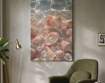 Coastal Beach Wall Art, Seashell Canvas Print, Ocean Decor, Pastel Aesthetic Wall Art, Mermaid Core Decor, Dreamy Pearl Beach House Art