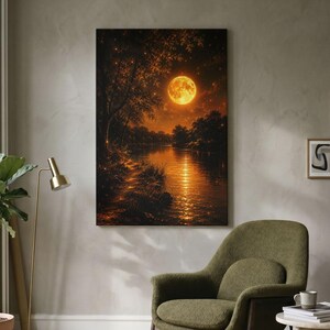 Full Moon Landscape Canvas Print, Golden Night River Wall Art, Forest Reflection Decor, Moody Nature Scenery, Celestial Glow Art Print