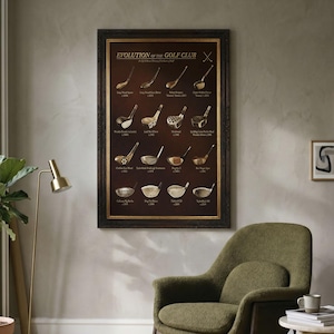 May include: A framed wall poster titled Evolution of the Golf Club, featuring a dark brown background with gold text and illustrations of various golf clubs arranged in chronological order from 1750 to 2010, enclosed in a dark ornate frame.