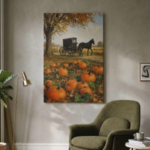 May include: A vertical wall art print depicting a black horse-drawn carriage on a dirt path under a large tree with autumn foliage. The foreground is filled with numerous orange pumpkins scattered across the ground amidst fallen brown leaves.
