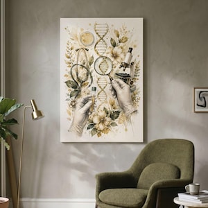 May include: A vertical wall art print featuring a watercolor-style illustration of medical and scientific elements in shades of beige, gold, and brown. The artwork depicts gloved hands holding a test tube, a magnifying glass, a stethoscope, and a microscope, all surrounded by delicate floral motifs and DNA helix structures.