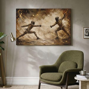 May include: A rectangular wall art print featuring a dynamic scene of two fencers in motion, dressed in protective gear and masks, engaged in a duel. The artwork uses a monochromatic brown and gold colour palette with textured, abstract brushstrokes.