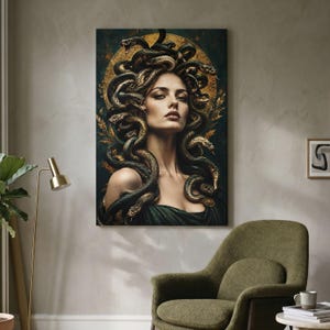May include: A rectangular wall art print featuring a portrait of a person with snakes for hair, set against a dark background with a golden circular halo. The figure has a neutral expression and is draped in dark green fabric, surrounded by golden leaves.