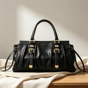 Puede incluir: Un bolso de mano negro con una textura fruncida y plisada en el panel frontal. El bolso incluye dos asas superiores, dos correas verticales con hebillas de metal dorado y detalles de herrajes dorados. El diseño se completa con correas laterales.